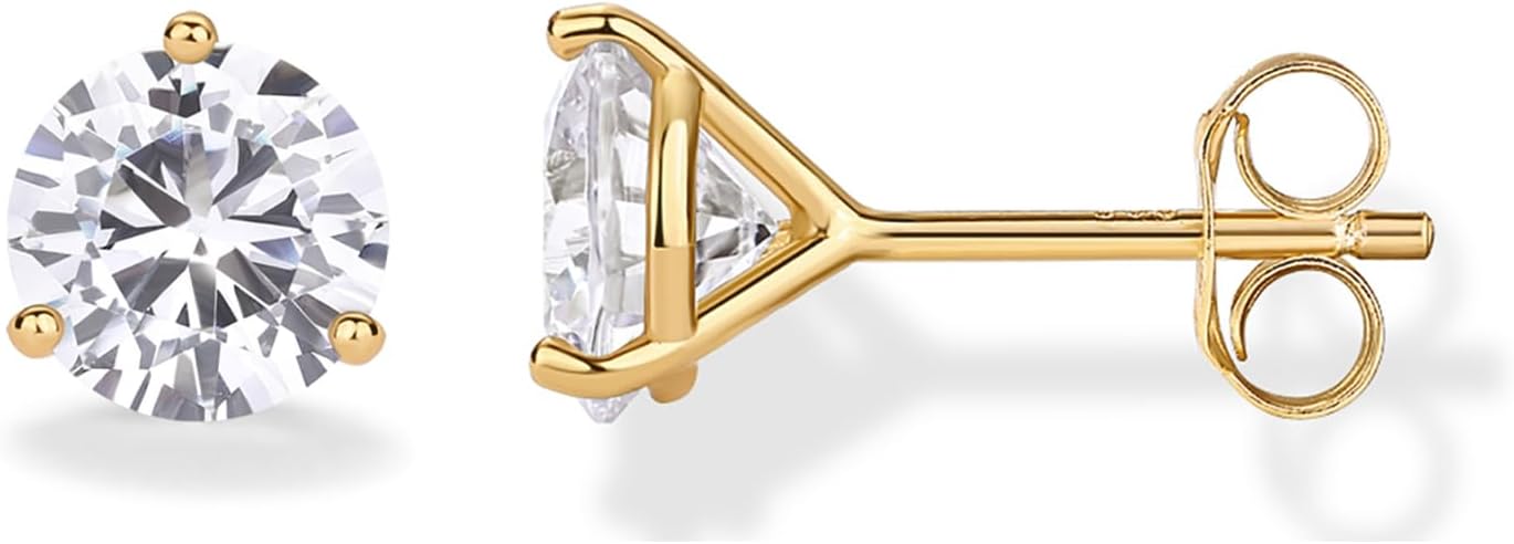 PAVOI 14K Gold Plated 925 Sterling Silver 7.5mm CZ Stud Earrings for Women - Hypoallergenic Simulated Diamond