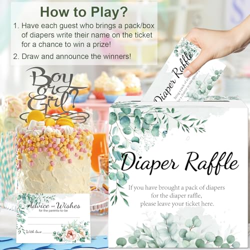 Image of Baby Shower Games, Greenery Diaper Raffle Box, 50 PCS Diaper Raffle Tickets Card Box with Advice and Wishes for the Parents-to-be, Baby Shower Decorations, Diaper Raffle Sign