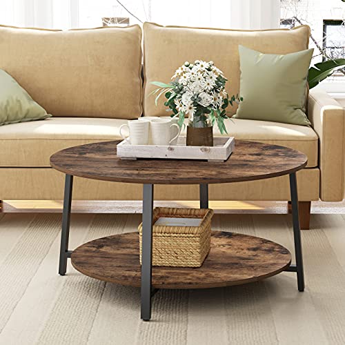 Snughome 35.4’’ Round Coffee Table, 2-Tier Industrial Design Furniture Sofa Table With Storage Open Shelf And Sturdy Metal Legs For Living Room, Wooden Surface Tabletop & Rounded Edges, Rustic Brown #TOP1