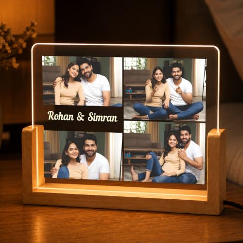 Image of Giftplease Personalized LED Acrylic Photo Frame with Custom Picture and Name, Romantic Couple Memory Lamp, Wooden Base USB Table Decor, Anniversary Bedroom Home Display Keepsake Art