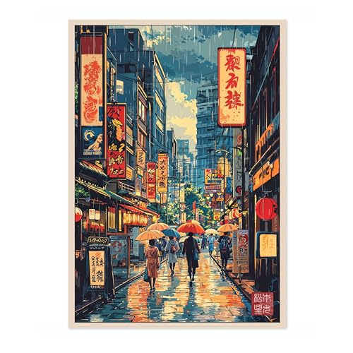 Art mural japonais Tokyo pluvieux pour décoration esthétique salon et chambre