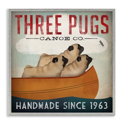 Vintage Three Pugs in Canoe, 12 x 12 Inch Framed Giclée Print