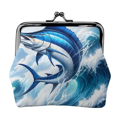 Pu Leather Buckle Coin Purse Marlin-Fish-Ocean-Wave Girls Kiss-Lock Change Purse Wallets