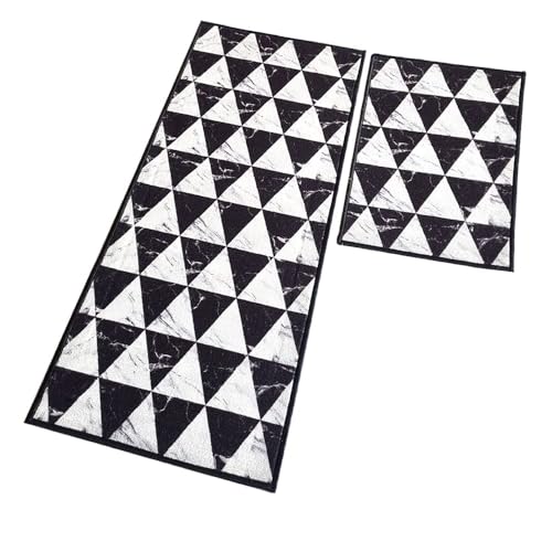 Image of Matz&More Anti Slip Runner & Floor Mat Combo Set 50x120cm Runner + 40x60cm Door Mat Geometric Triangle Pattern Nylon Low Pile Carpet Non-Skid Rubber Backing Indoor Bedroom & Entrance Black White