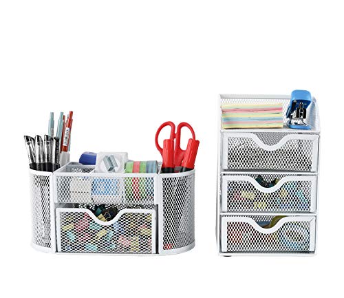 EasyPAG Organizador de escritorio de malla de 2 piezas - versátil organizador de escritorio organizador de papelería y contenedor de almacenamiento pequeño de 3 niveles, color blanco Cover