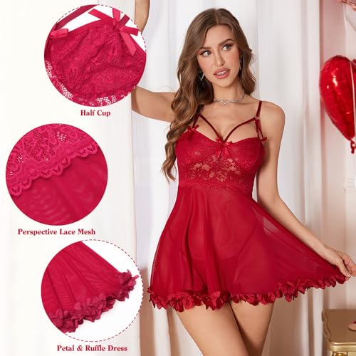 Damen Sexy Dessous Erotische Spitze Kimono Nachtkleid 2 Teilig Nachtwäsche Halbe Tasse Nachthemd G-String Babydoll Reizwäsche V-Ausschnitt Negligee Mesh Kleid Nightwear Unterwäsche – Bild 3