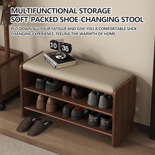 Meuble à chaussures bois étagère d'entrée pouf de rangement double couche avec coussin éponge - 4