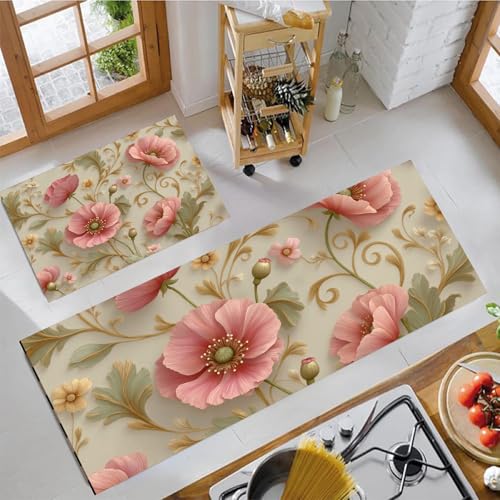 Alfombra lavable y antideslizante de amapolas rosas para cocina y entrada, 2 piezas 2