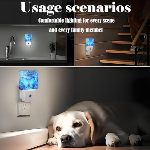 Image of Stars Shining and Blue Butterflies Night Light,Plug-in Night Lights with Dusk-to-Dawn Sensor for Stairway,Hallway,Bedroom Sleep Friendly Ideal for Women /Girls /Boys Gift,0.5w