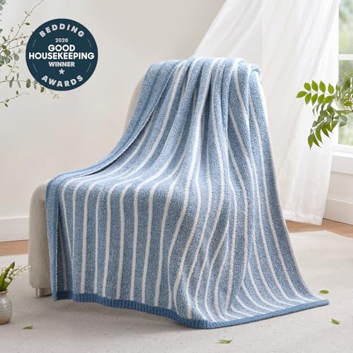 Image of Snuggle Sac Ultra Soft Blue Throw Blanket for Couch, Reversible Cozy Knitted Ribbed Blankets, Fuzzy Knit Striped Throws for Sofa, Bed, Home Decor, Blue 50 inchx60 inch