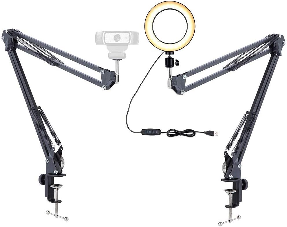 Webcam Light Stand, 6'' Ring Light with 2 Suspension Arm Mount for Logitech Webcam C920 C930e C922x C925e Brio cording Craft,Calligraphy,Drawing,Online Lesson,YouTube Videos