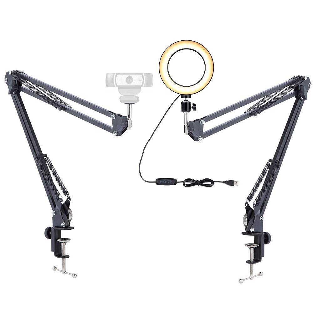 Webcam Light Stand, 6'' Ring Light with 2 Suspension Arm Mount for Logitech Webcam C920 C930e C922x C925e Brio cording Craft,Calligraphy,Drawing,Online Lesson,YouTube Videos