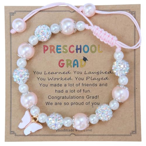 Image of Kindergarten /Preschool Graduation Gift for Girls, Pink Pearl Butterfly Charm Adjustable Girls Bracelet, Graduation Gift for Girls