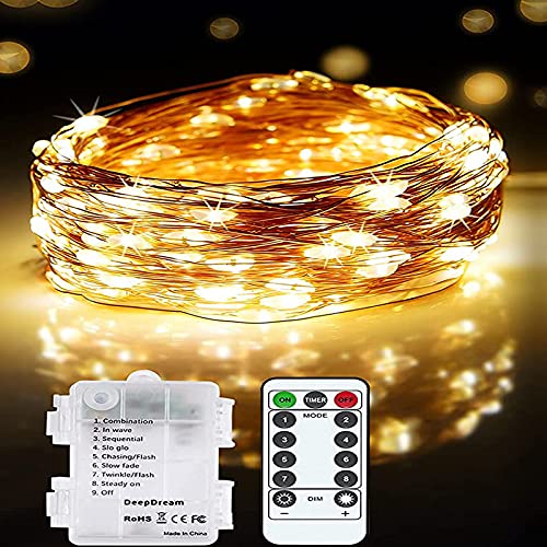 Guirlande Lumineuse à Piles - 10M 100LED Guirlande Lumières Pile Fil de Cuivre Led Lumières de Luciole - 8 modes Intérieur Décoration Lumière, Pour Fête|HalloweenINoëlIMariageIFête(Blanc chaud) Cover