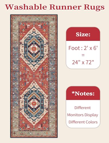 SERISSA Boho Washable Runner Rug, 2x6 Rug Runner Non-Slip Vintage Rust Hallway Kitchen Runner Rug Ultra Soft Print Distressed Tribal Floor Carpet Runner for Bedroom Bathroom Laundry Living Room