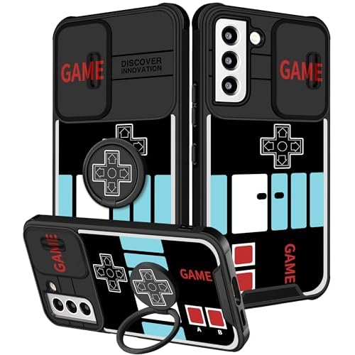 Funermei (2in1 for Samsung Galaxy S22 Case for Women Boys Cute Cover Cartoon Teens Fun Funny Game Black for Men Kids Design with Camera Cover and Ring Stand Funda for Galaxy S22 Phone Cases