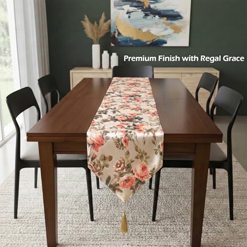 Image of Kuber Industries 16x68 inch Jute Table Runner for Party, Wedding and Family Dinners | Reusable Centre and Dining Table Runner | Flower Print - Orange