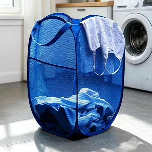 Image of Larpur Mesh Laundry Basket, Pop up Laundry Hamper with Handles, Collapsible Clothes Basket for Travel, College, Dorm, Royal Blue