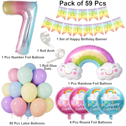 Image of Set of 59 Pcs 7th Birthday Decoration Kit with Number 7 Foil Balloon, Rainbow Foil Balloon, Happy Birthday Banner, Round Foil Balloons and Pastel Latex Balloons for Party Decoration
