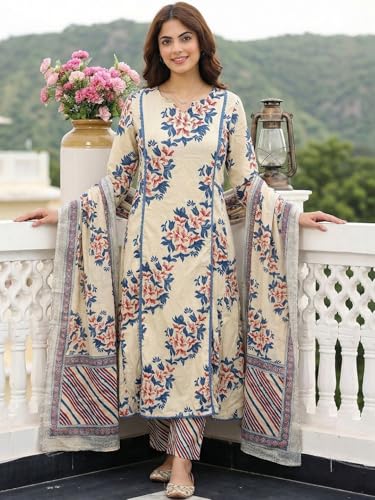 Image of GoSriKi Kurta Sets for Women Viscose Printed | Kurti Set for Woman | A-Line Kurta Pant Dupatta Set | 3 Piece Set Women | V Slit Round-Neck 3 /4 Sleeve Regular Fit Stylish Ethnic Outfit Clothing