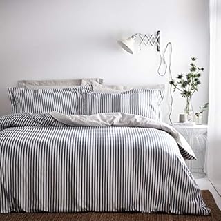 The Linen Yard The Hebden Duvet Set Reversible Striped Design-2 x Pillowcases Included Machine Washable-228 x 218cm (91" x 81" inches), Cotton, Blue/Grey/Natural, King