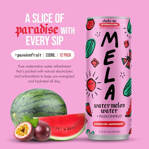 Image of Mela Watermelon Water - Watermelon Juice, 100 Percent Natural Fruit Juice with Vitamin C, Electrolytes, Antioxidants - Coconut Water Alternative, Gluten-Free (Passionfruit, 11.15 fl oz, 12-pack)