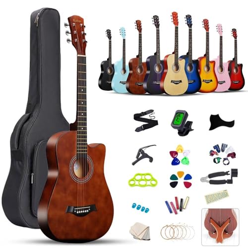 アコースティックギター 初心者18点セット 38インチ 入門練習 学生 子供 大人用 初級セット 入門用 アコギ 弦 チューナー ギタースタンド・ソフトケース・簡易教則(日本語)付き