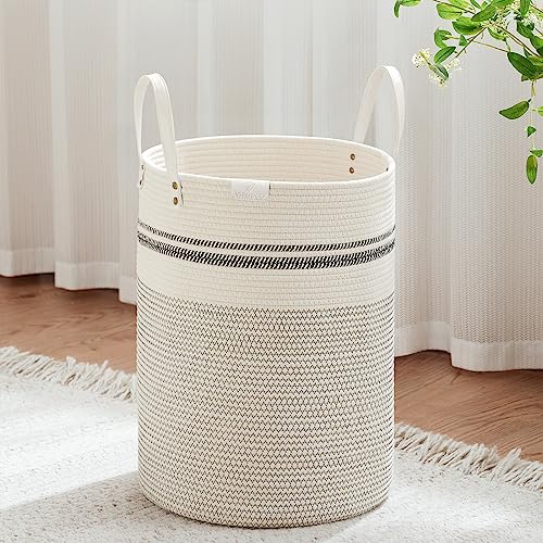 Image of VIPOSCO 58L Tall Woven Rope Laundry Hamper, Leather Handles, Stripe White | Large Wicker Laundry Basket for Dirty Clothes, Blanket, Toy, Towel, Yoga Mat, Storage Bin in Bedroom, Bathroom, Living Room