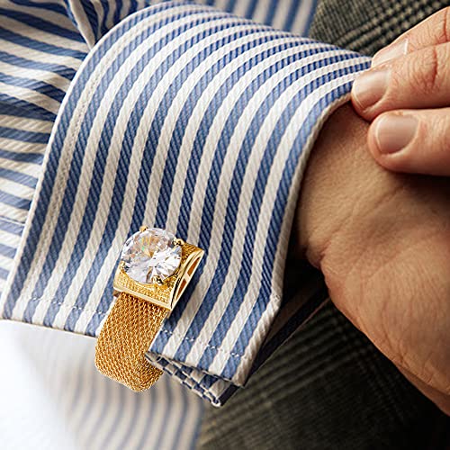 Mens Cufflinks With Chain - Stone And Shiny Gold Tone Shirt Accessories - Party Gifts For Young Men (Crystal) #TOP3