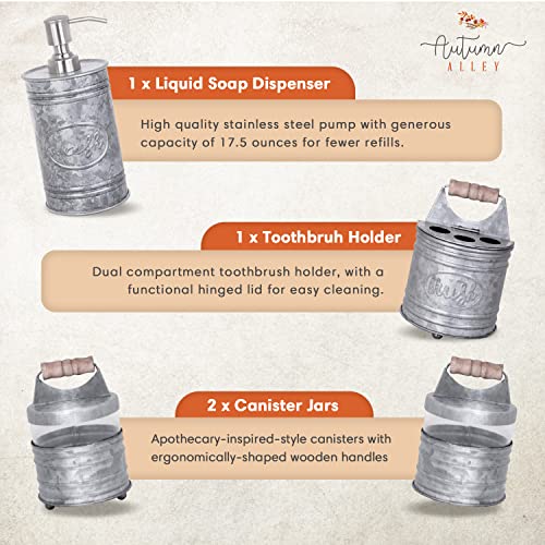 Autumn Alley Rustic Bathroom Accessories Set 4 - Galvanized Soap Dispenser, Rustic Toothbrush Holder, 2 Apothecary Jars Qtip Holder - Western Bathroom Decor – Farmhouse Bathroom Decor Accessories - Image 3