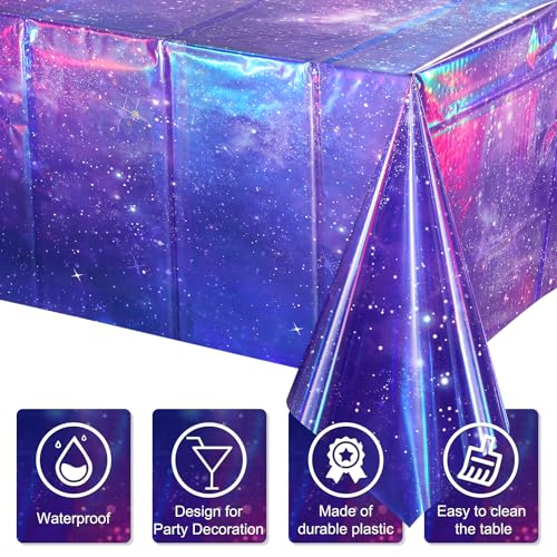 Image of 3Pcs Iridescent Space Tablecloths, Disposable Plastic Purple Galaxy Table Cloth Rectangle Table Covers for Space Starry Night Star Theme Party Birthday Party Decorations, 54x108 Inch