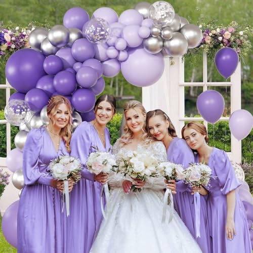 Image of 147pcs Purple Balloon Garland Arch Kit, Different Sizes with Dark Purple Light Purple Metallic Silver Confetti Lavender Latex Balloons for Baby Shower Wedding Birthday Party Decorations