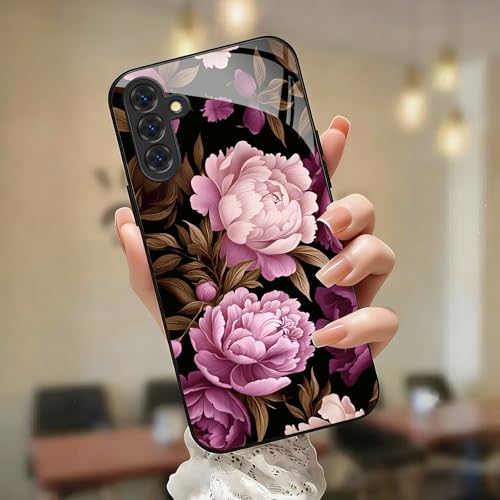 for Samsung Galaxy S24 Plus Case 6.7 inch Pink Peony Floral Black Background Glossy Smooth Hard Finish Case, Precise Cut, Elegant, Vintage Botanical Romantic Style, Flower Lovers All Season