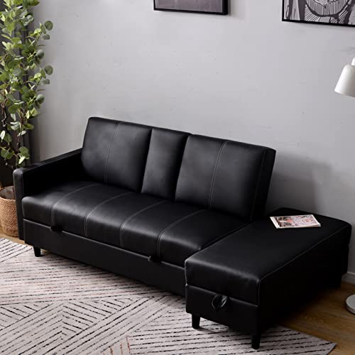 FANOYA リビングソファ 3人掛け ソファ 多機能ソファベッド 収納機能 引き出し オットマン おしゃれ コーナーソファー コーナー カウチソファ sofa ソファセット (ブラック) X-Large
