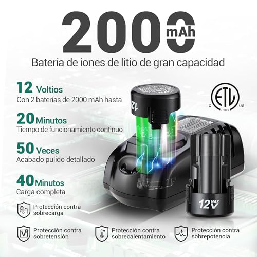 DCA Mini Pulidora Coche 12V, 75MM Pulidora Bateria y 50mm Lijadora, Pulidora Orbital, Máquina de Pulir sin Escobillas, 2 Baterías de 2,0Ah, 2 Velocidades 2800-8300 RPM para Pulir, Encerar y Limpiar - imagen 4