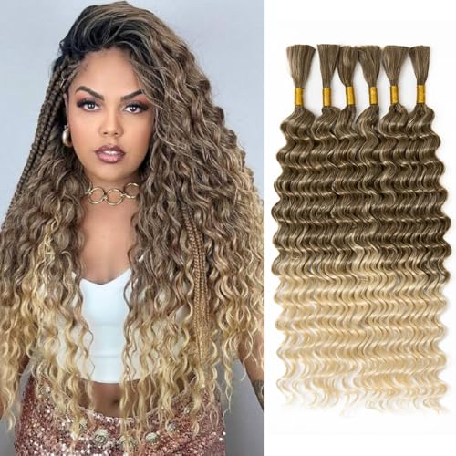 Braiding Hair for Boho Braids Human 200g 20 Inch Deep Wave Boho Hair for Braiding Knotless 6 Bundles Faux Deep Wave Bulk Bohemian (T27/613#)