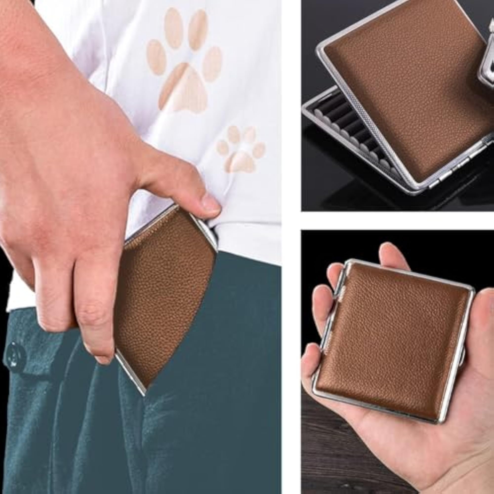 2Pcs PU Leather and Metal Cigarette Case, Black & Brown