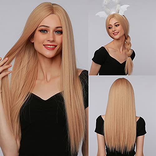 HAIRCUBE Long Straight Blonde Wigs for Women Ombre Wigs Mid-partition Heat Resistance Synthetic Hair Natural Looking for Daily Party Use(Ash Blonde)