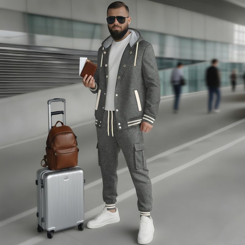 prigridche Men's Hooded Baseball Cardigan Sweatshirt Tracksuit Sets