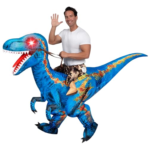 Spooktacular Creations Adult Inflatable Dinosaur Costume, with LED Light Eyes Riding a Raptor, Blue Digital Printing T-rex Air Blow-up Ride On Halloween Costume, X-Large(75In)