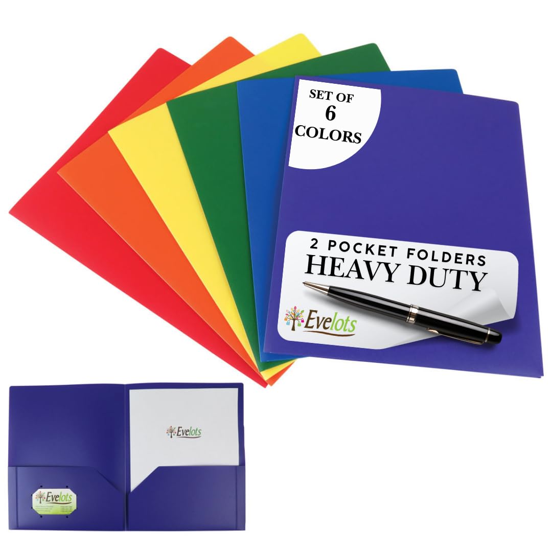 Evelots 6 Pack Plastic Folders with Pockets - 6 Assorted Colors - Heavy Duty File Folders with Business Card Slot - 2 Pocket Folder for Office, School