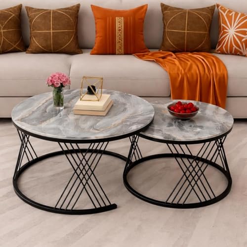 Image of Brown Art SHOPPEE Home Decor Furniture Round Coffee Table Sets,2 Piece MDF Top Couch Table,Stacking Nesting Table with Iron Frame for Living Room Living Room or Lounge (Black &Grey)