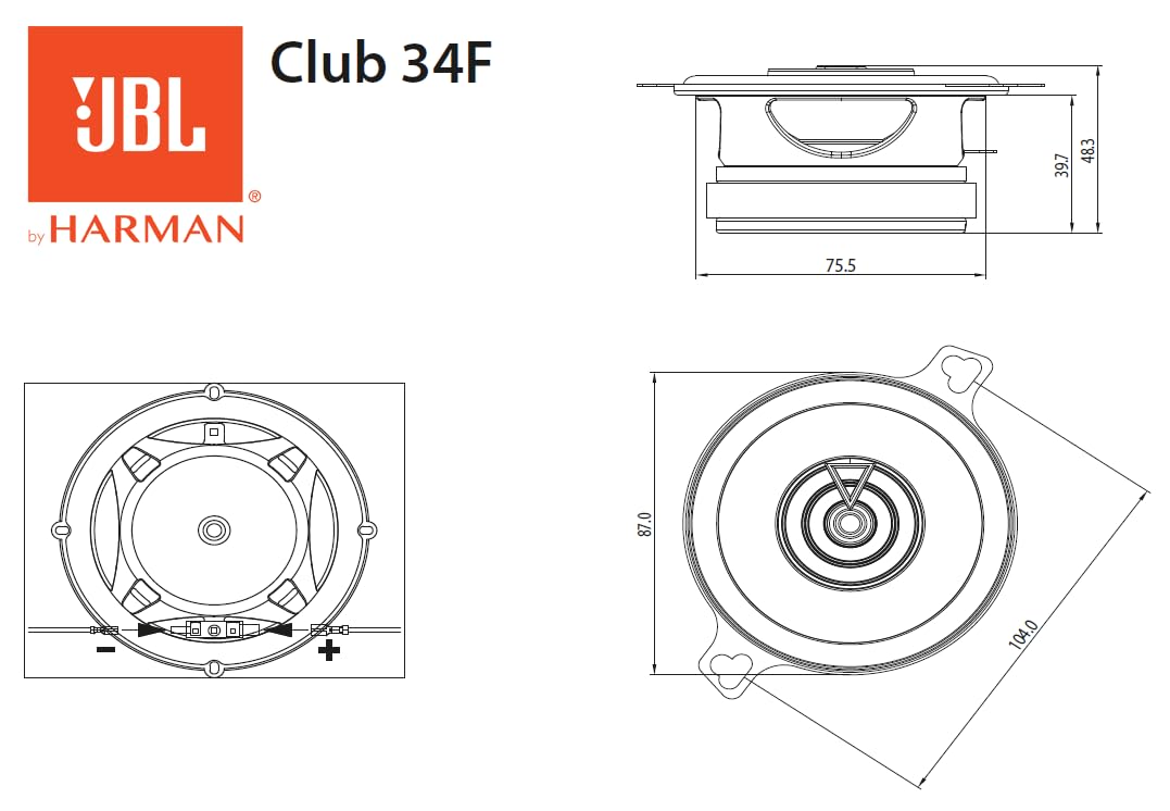 Altavoz JBL Club 34F Gen 3 - Altavoces Coche de 9cm de Harman Kardon para una Actualización Superior de Parlantes - 75W Máx, Alta Sensibilidad, Graves Intensos y Respuesta de Las Agudas Impresionante