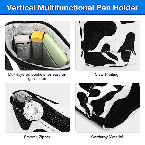 Image of Cute Standing Pencil Case for Kids, Pop Up Pencil Box Makeup Pouch, Christmas Gift Kids Canvas Pen Holder Organizer Cosmetics Bag, Kawaii Stationary (Cow Print)