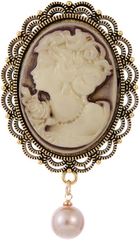 KokomaVictorian Cameo Brooch Pin for Women Dangling Pearl Beauty Lady Portrait Lapel Pins Scarf Badge Cloth Dress Accessories Jewelry, Pearl, no gemstone