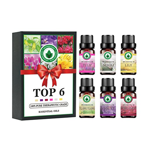 Set di 6 oli essenziali floreali Top 6, per aromaterapia. Puri al 100%, alta qualità - Set regalo da 6 boccette da 10 ml: violetta, giglio, neroli, tulipano, bergamotto, ilang-ilang