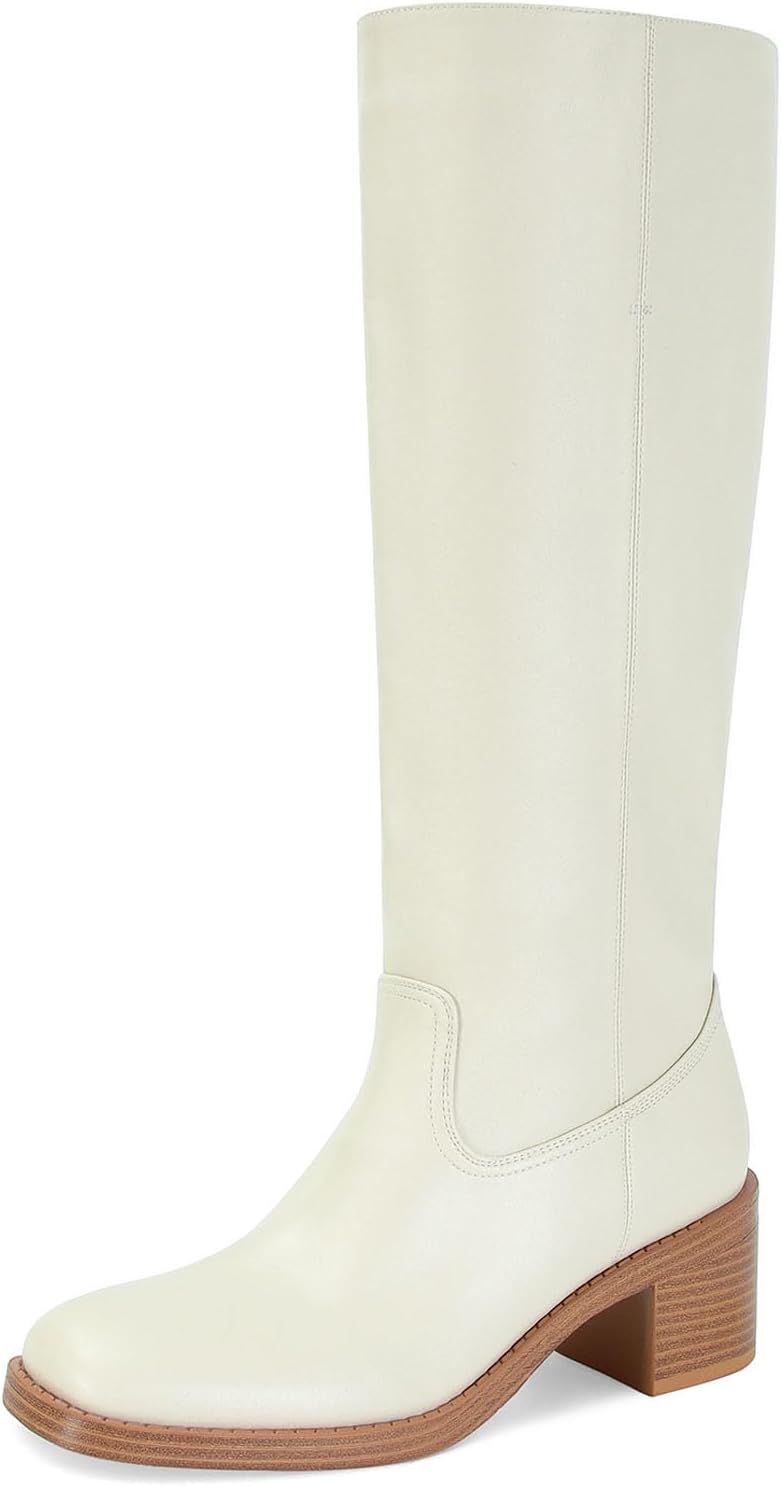 Womens Banana Knee High Boots Square Toe Comfortable Campus Boots Block Heel Riding Boots Wide Calf Long Tall Boots