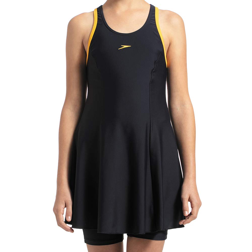 Speedo Girl's Endurance 10 High Chlorine Resistant UPF 40+ Sun Protection Racerback Swimdress with Boyleg - True Navy & Mango 1