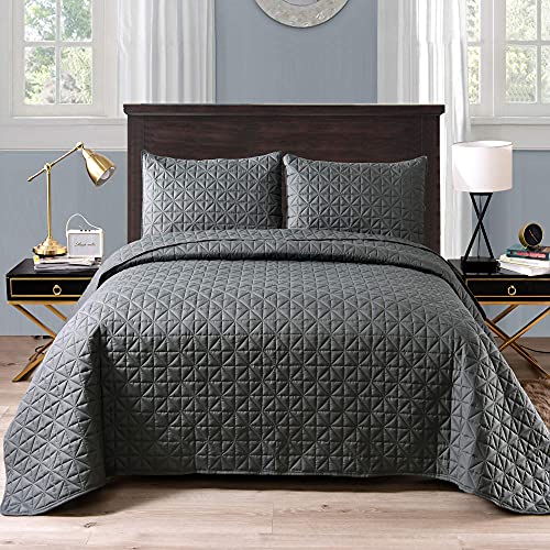 Exclusivo Mezcla 3-Piece King Size Quilt Set with Pillow Shams, Grid Quilted Bedspread/ Coverlet/ Bed Cover( 96x104 Inches, Steel Grey) -Soft, Lightweight and Reversible