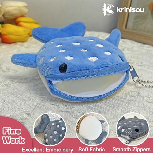 Whale Shark Coin Purse, 2 Pcs Plush Coin Pouch, Cute Kawaii Wallet with Zipper Keychain, Small Embroidered Fish Sea Animal Change Purse for Women2